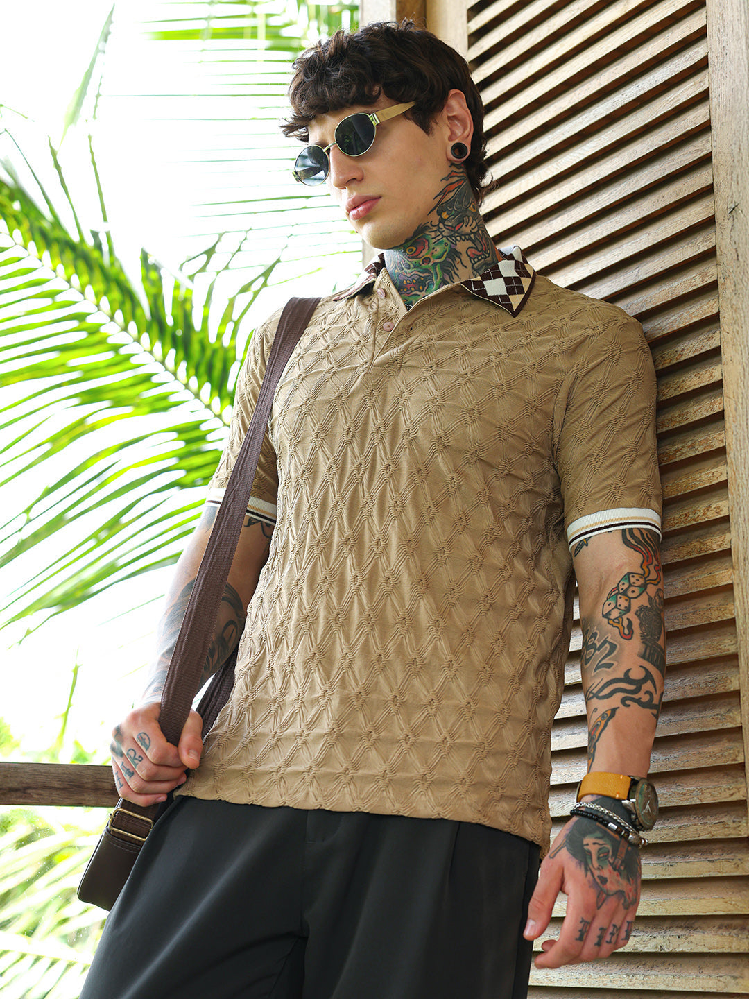 Block Argyle-Knit Polo T-Shirt