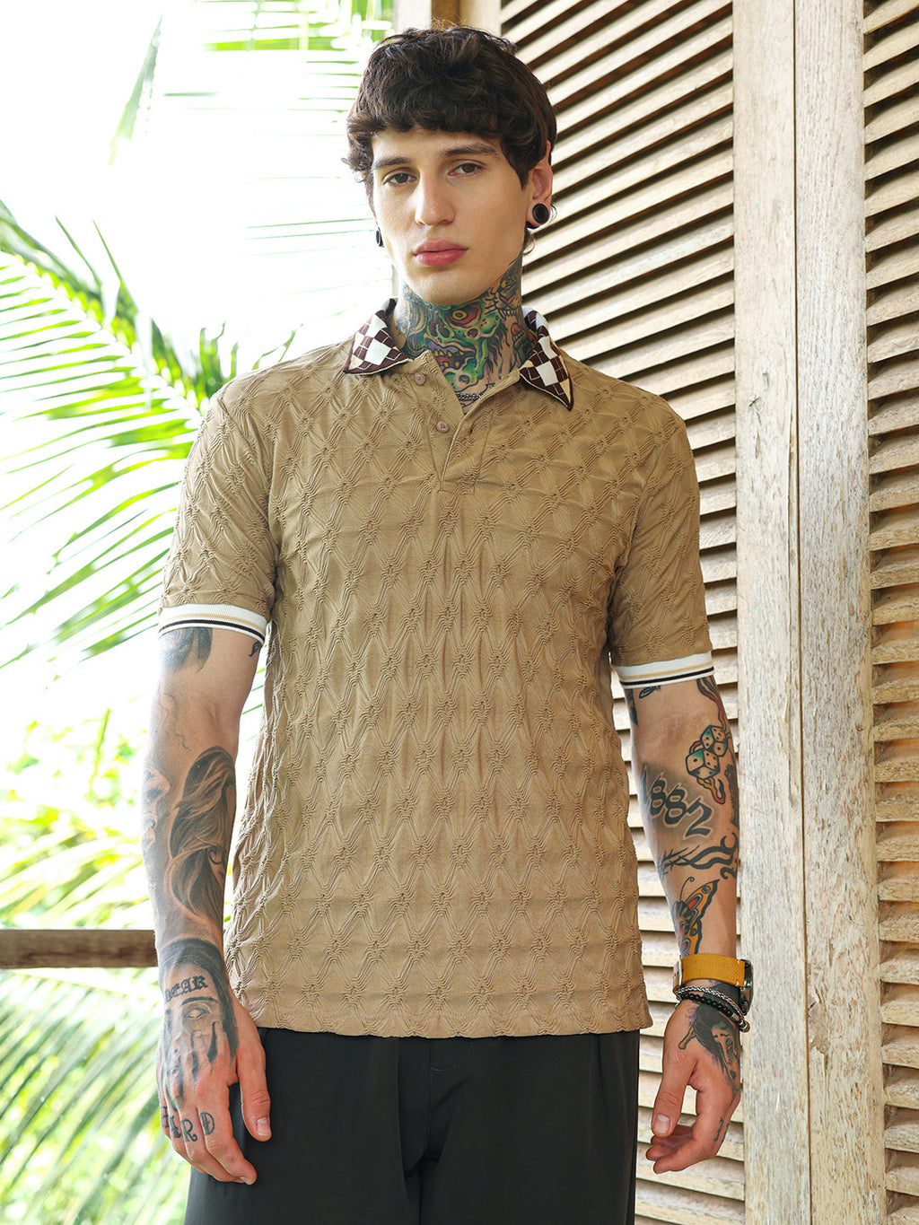Block Argyle-Knit Polo T-Shirt