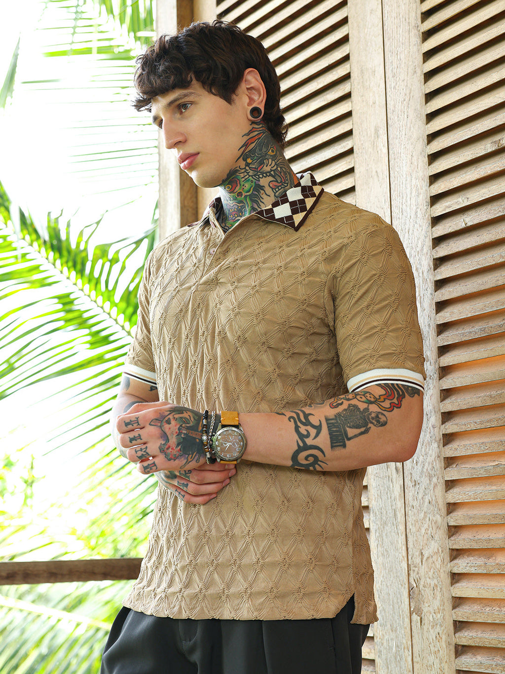 Block Argyle-Knit Polo T-Shirt