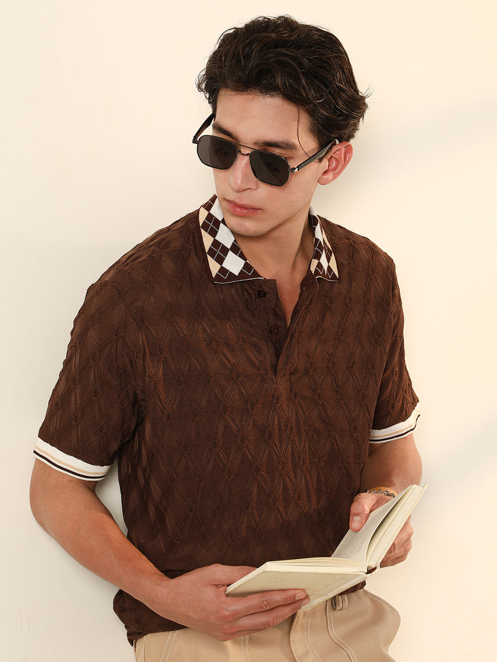 Block Argyle-Knit Polo T-Shirt