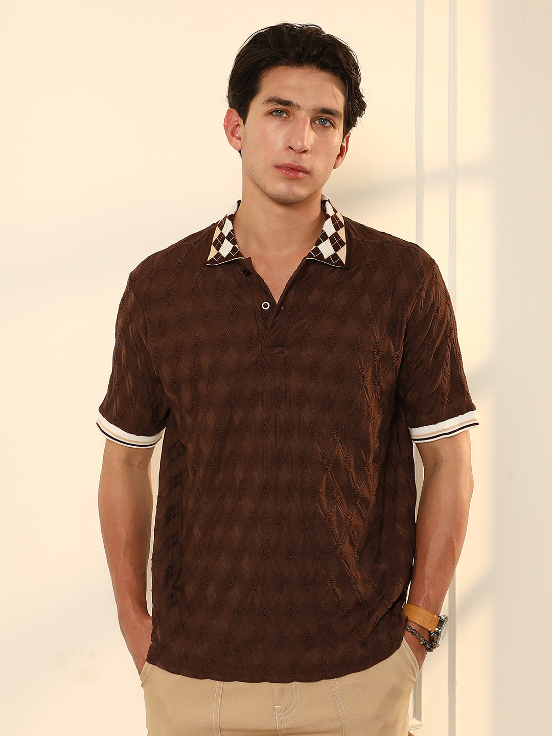 ₹899 | Men's Chocolate Brown Block Argyle-Knit Polo T-Shirt