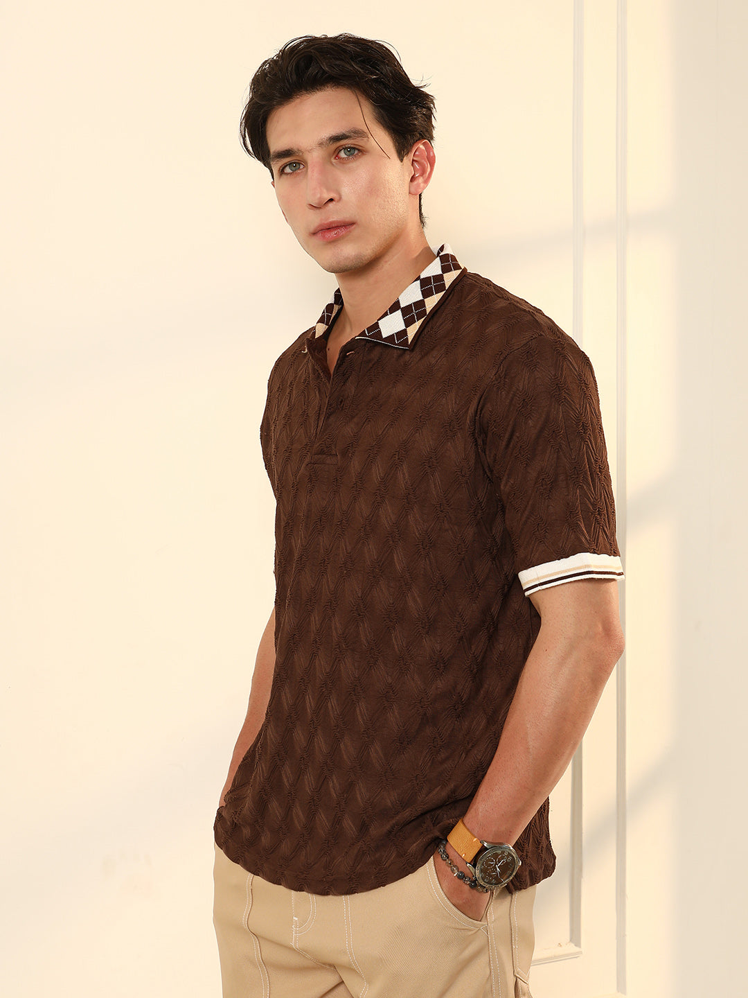 ₹899 | Men's Chocolate Brown Block Argyle-Knit Polo T-Shirt