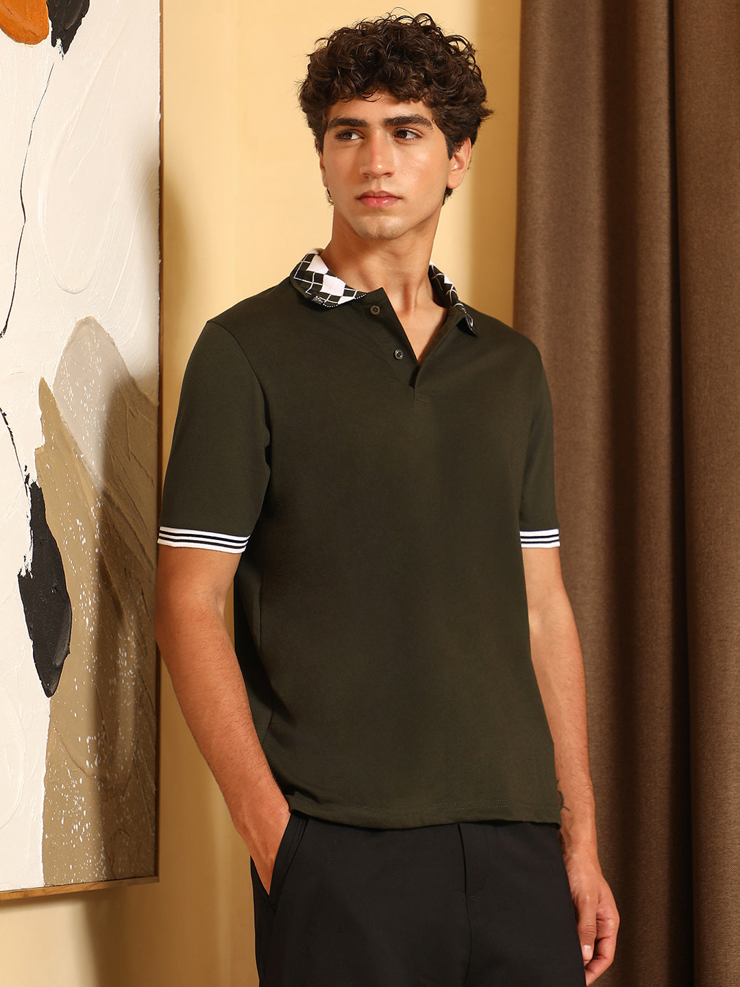 Block Argyle-Knit Polo T-Shirt
