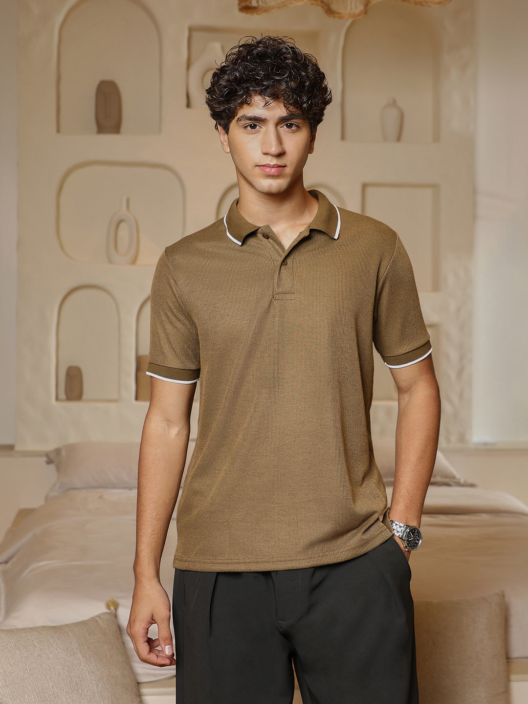 Ribbed-Knit Polo T-Shirt