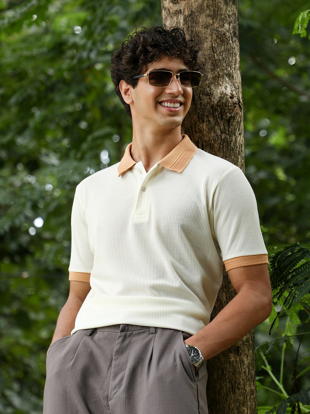 Block-Textured Knit Polo T-Shirt