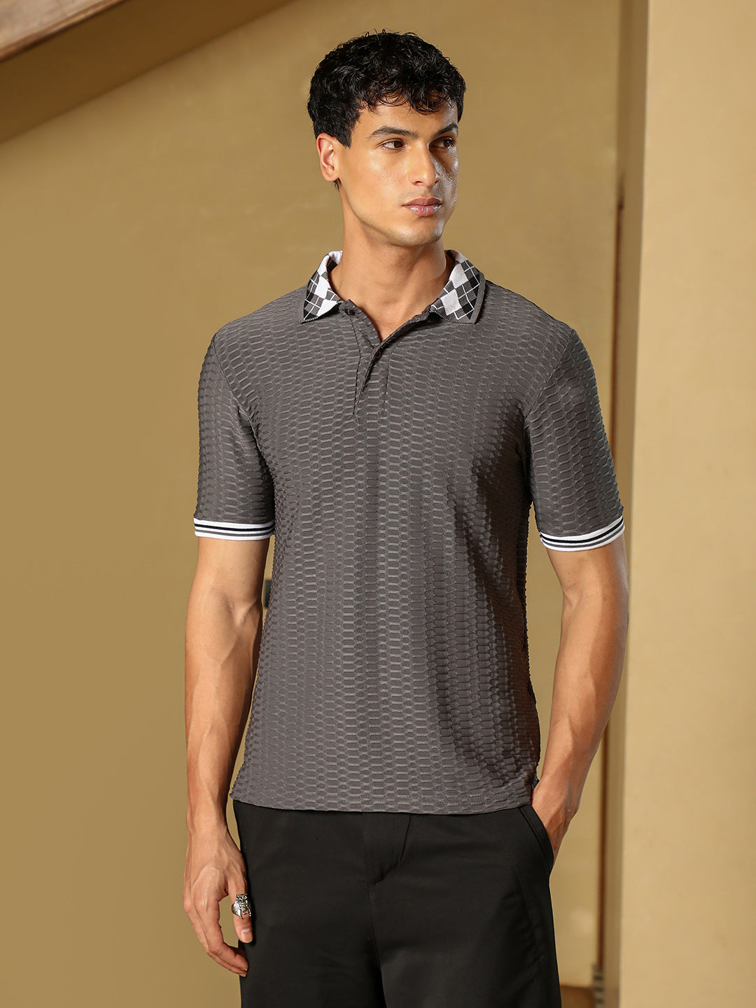 Hive Argyle-Knit Polo T-Shirt