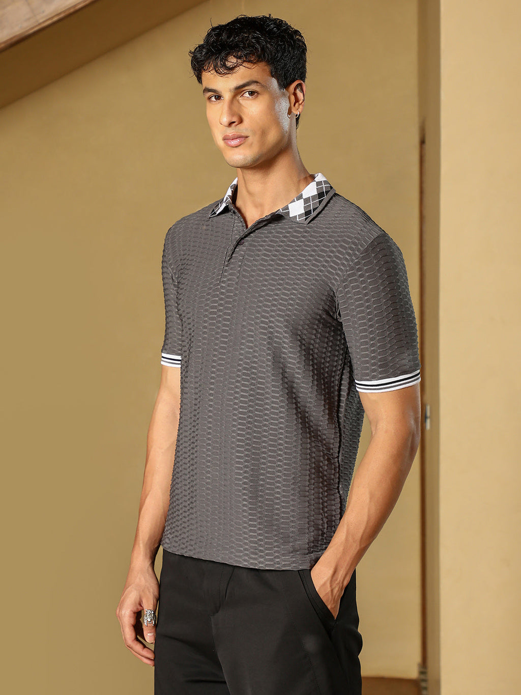 Hive Argyle-Knit Polo T-Shirt