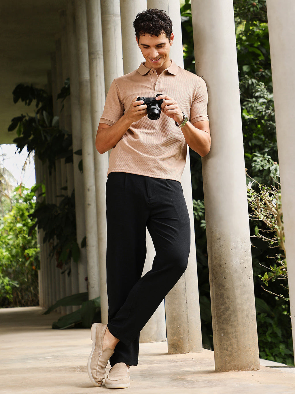 Slanted-Jacquard Knit Polo T-Shirt