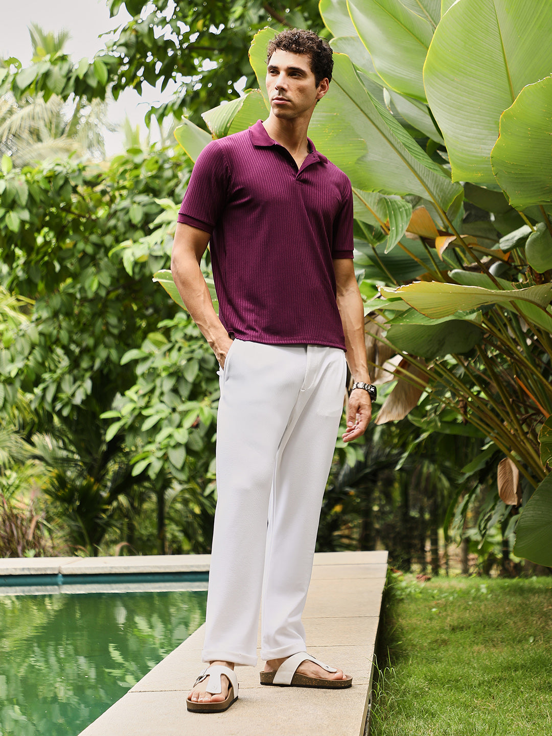 Vined-Jacquard Knit Polo T-Shirt