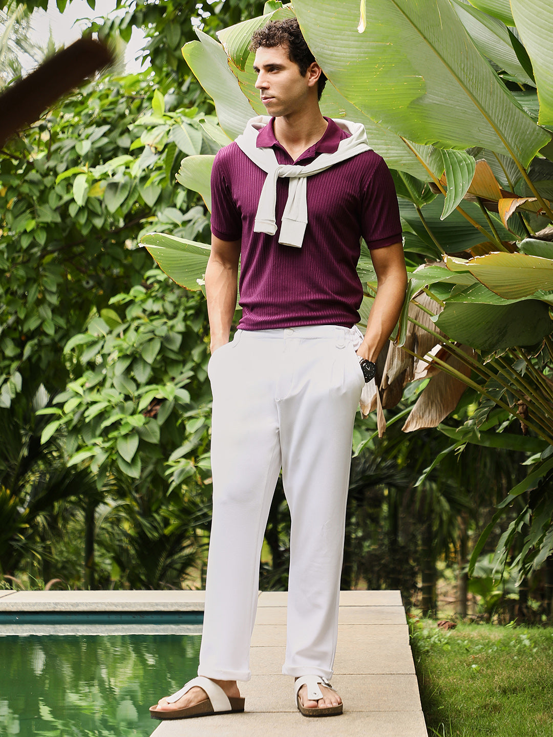 Vined-Jacquard Knit Polo T-Shirt