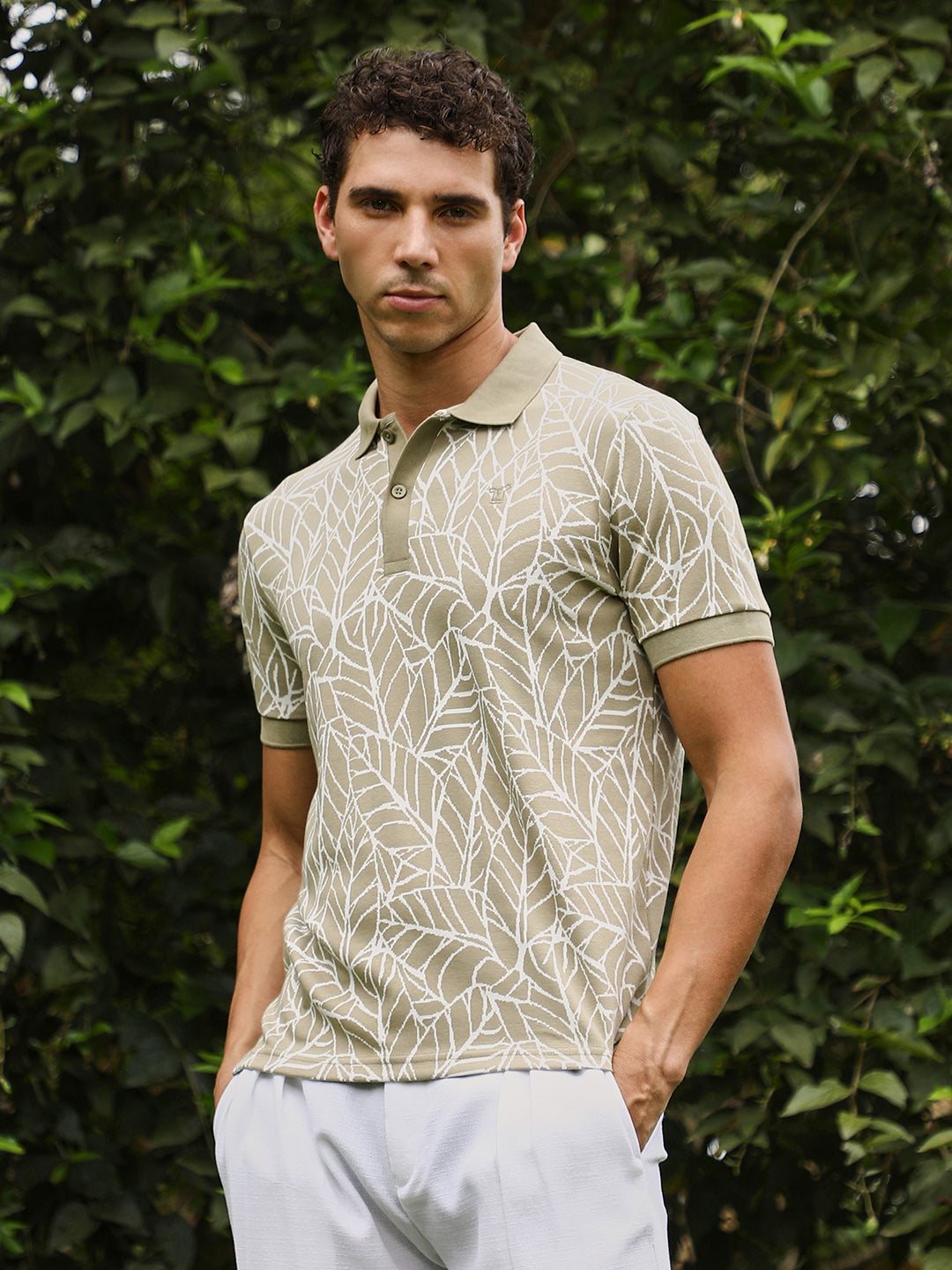 Foliage-Jacquard Polo T-Shirt