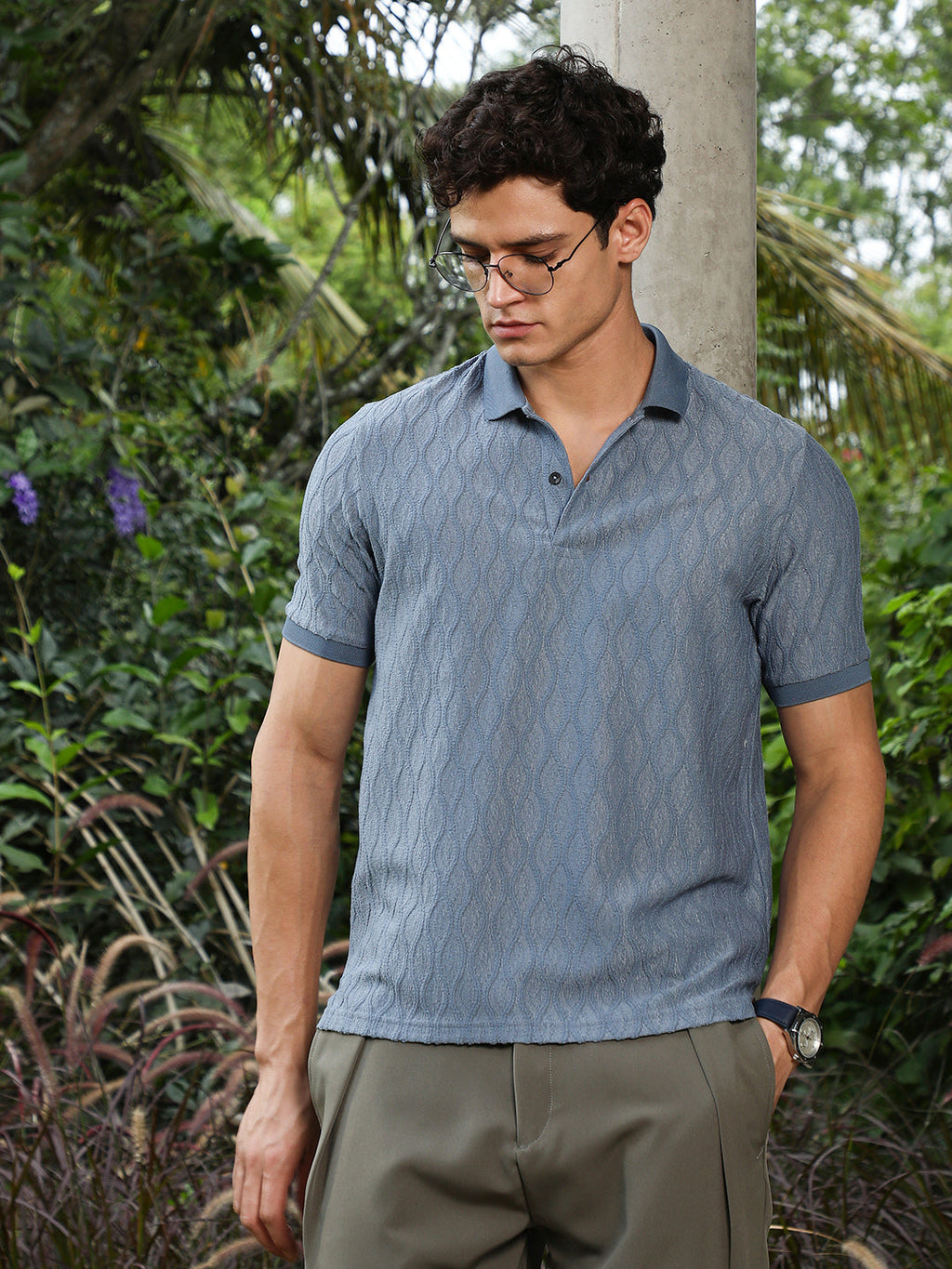 Steel Blue Marquise-Tactile Knit Polo T-Shirt