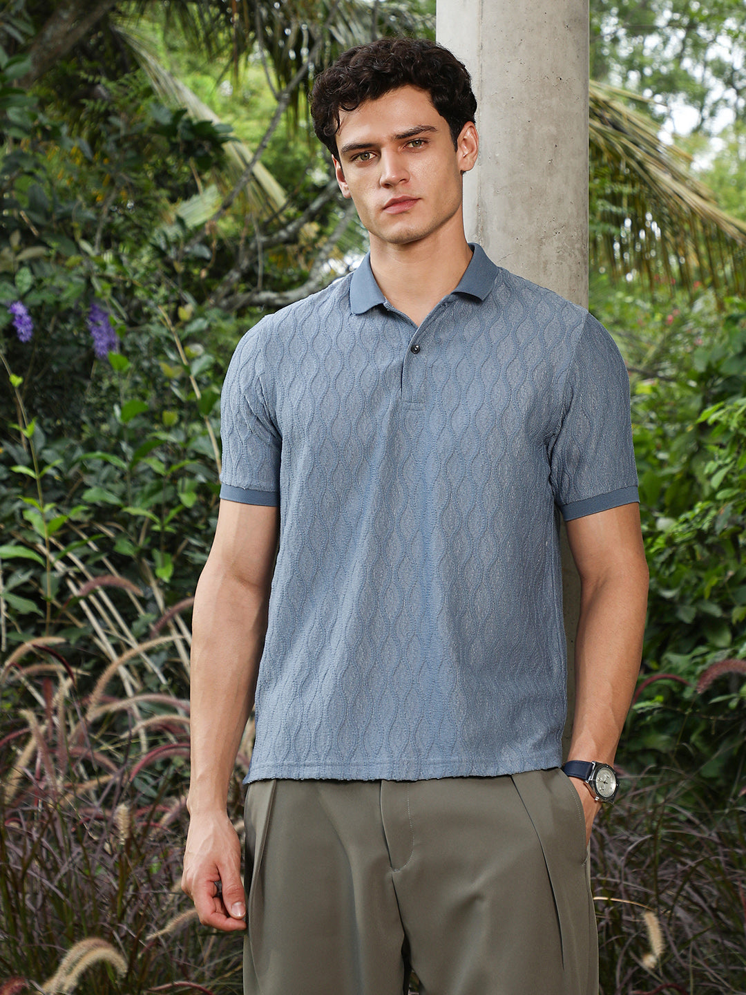 Steel Blue Marquise-Tactile Knit Polo T-Shirt