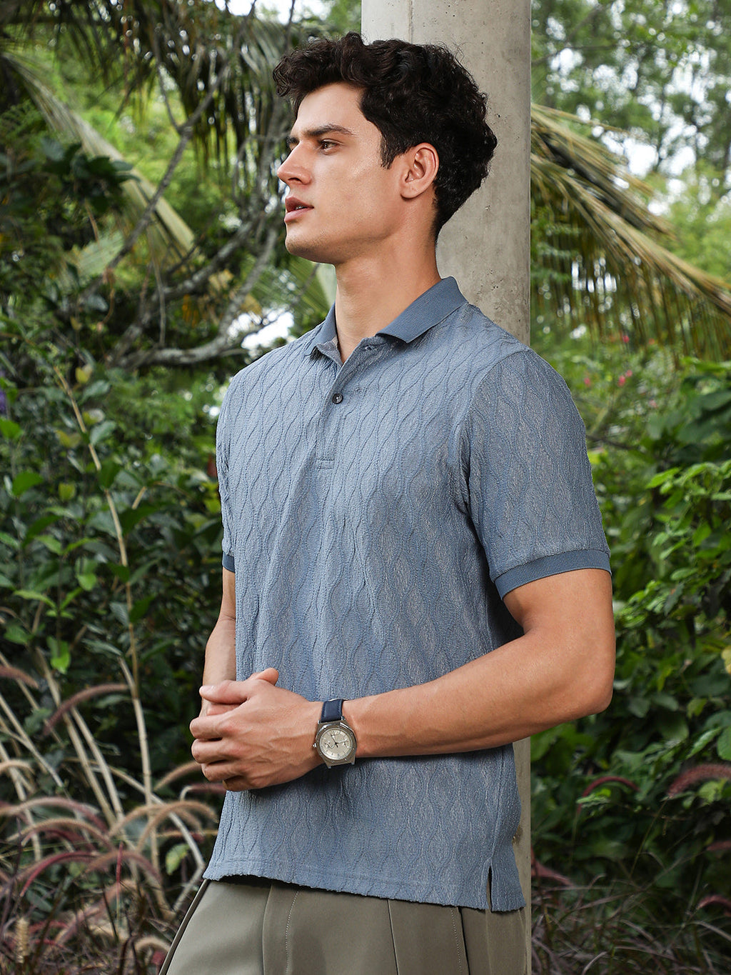Steel Blue Marquise-Tactile Knit Polo T-Shirt