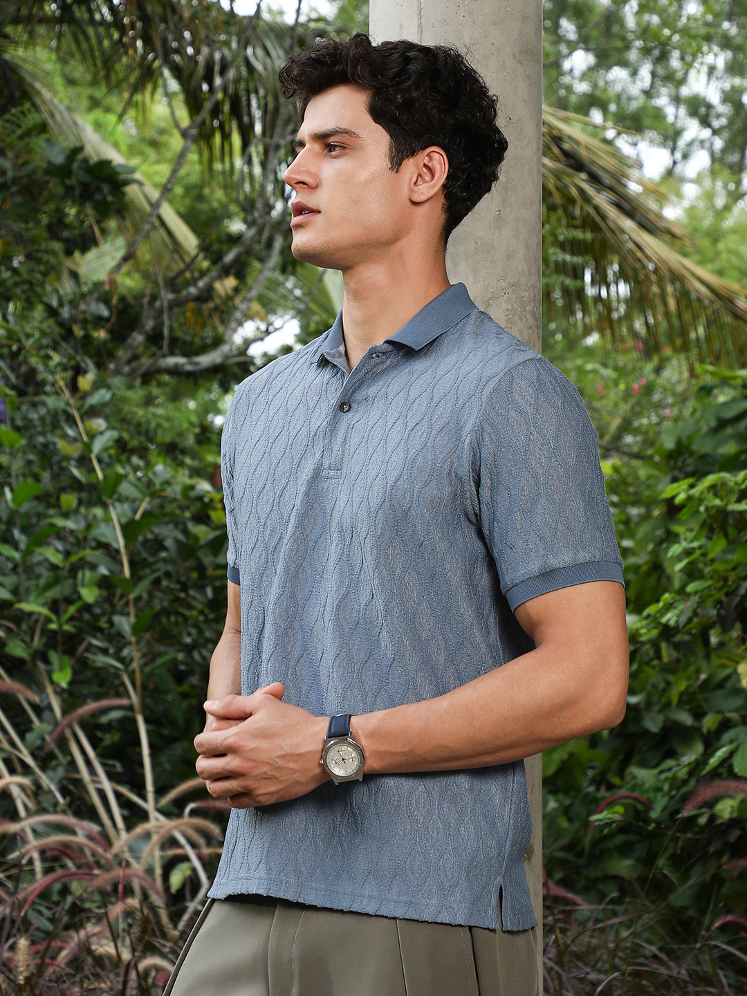 Steel Blue Marquise-Tactile Knit Polo T-Shirt