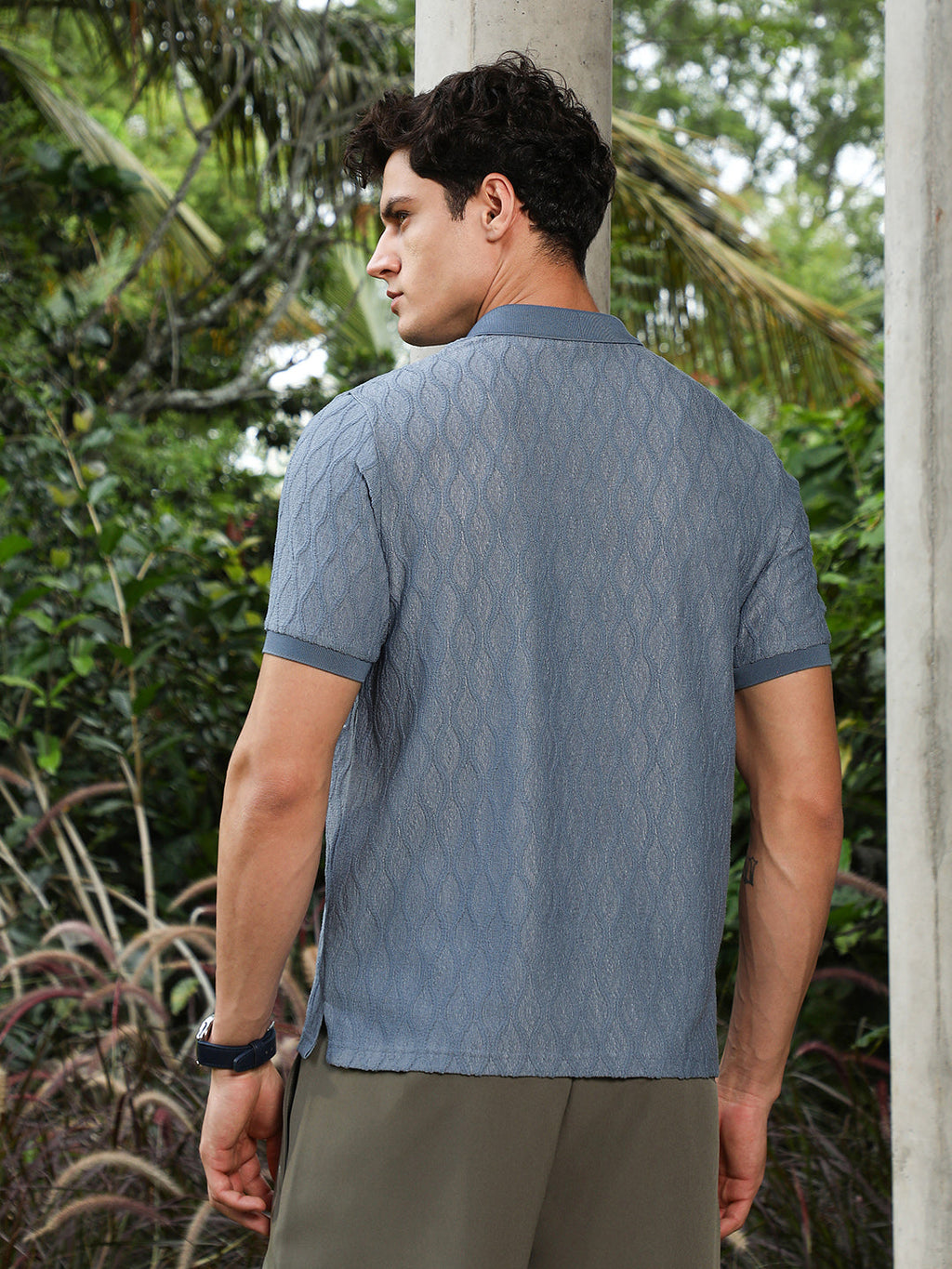 Steel Blue Marquise-Tactile Knit Polo T-Shirt