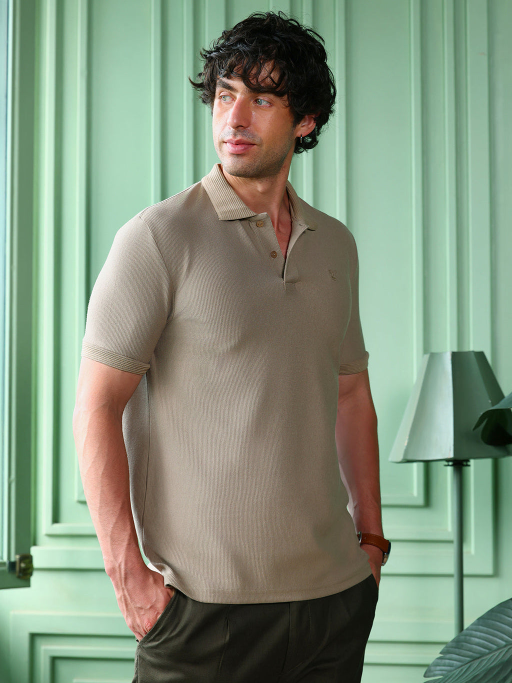 Solid-Ribbed Polo T-Shirt