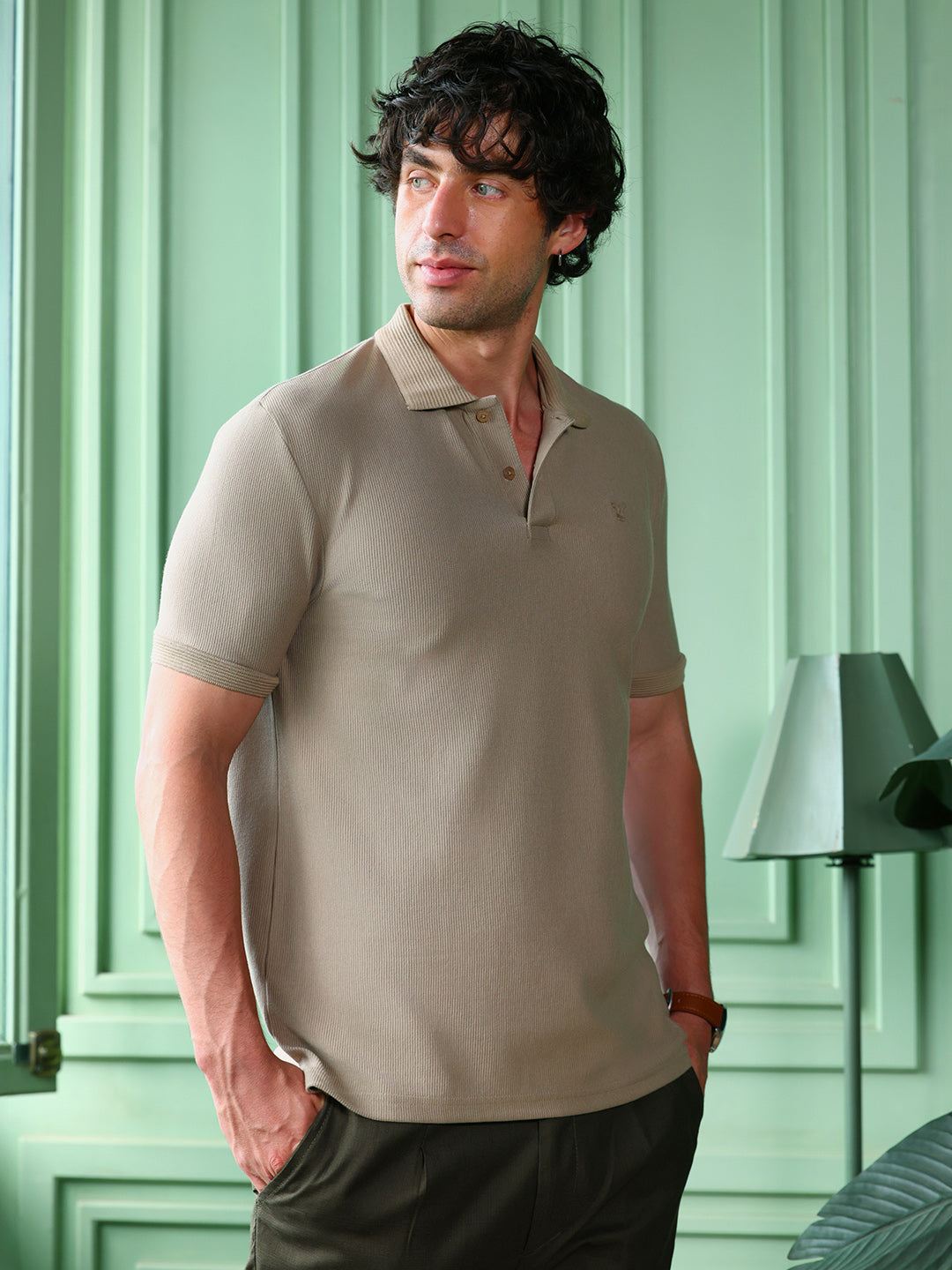 Solid-Ribbed Polo T-Shirt
