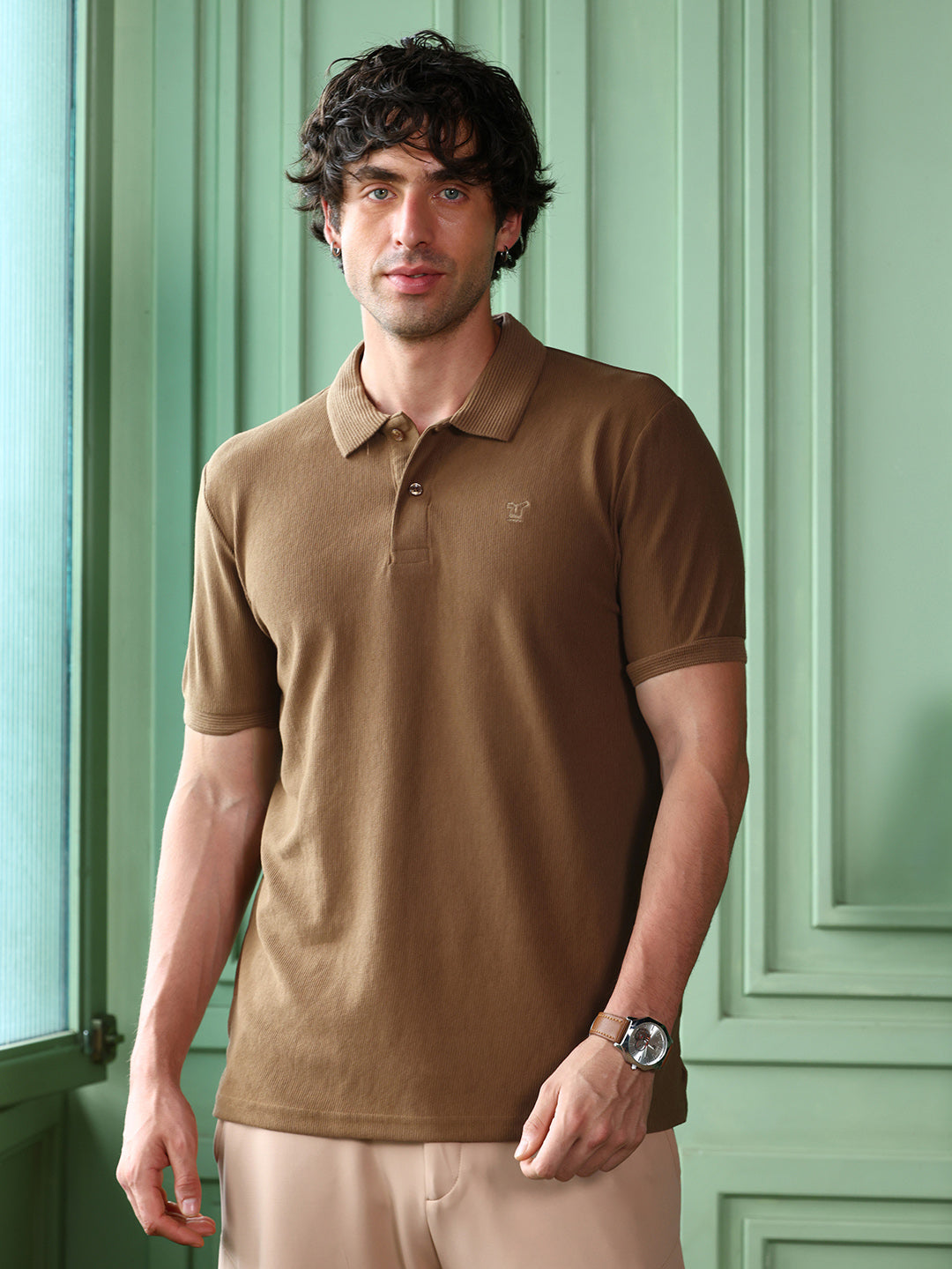 Solid-Ribbed Polo T-Shirt