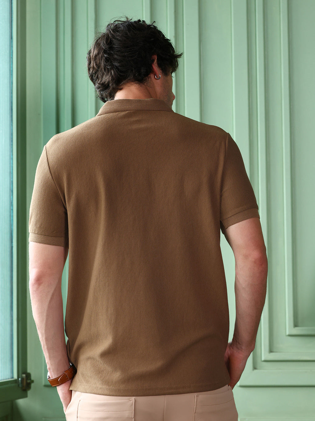Solid-Ribbed Polo T-Shirt