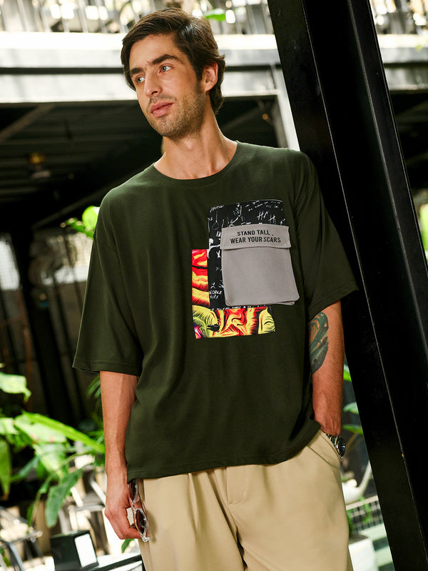 Men's Dark Olive Green Oversized Graphic Printed T-Shirt