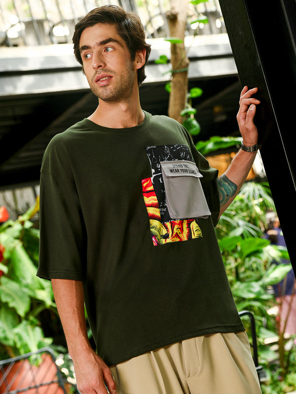 Men's Dark Olive Green Oversized Graphic Printed T-Shirt