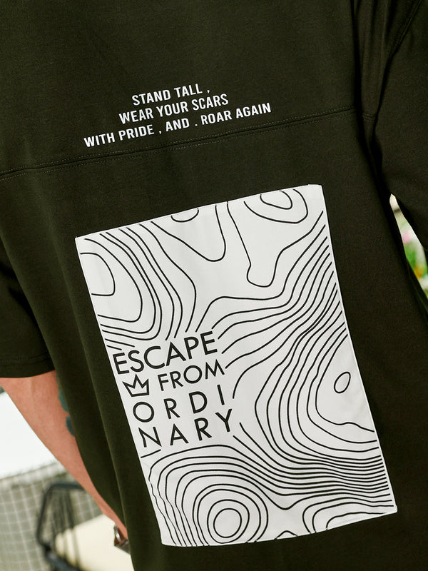 Men's Dark Olive Green Oversized Graphic Printed T-Shirt