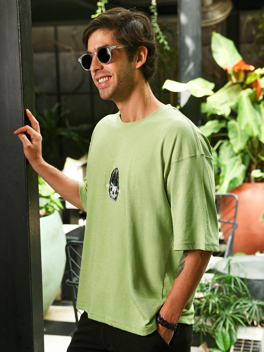 Men's Lime Green Oversized Graphic Print Crew Neck T-shirt