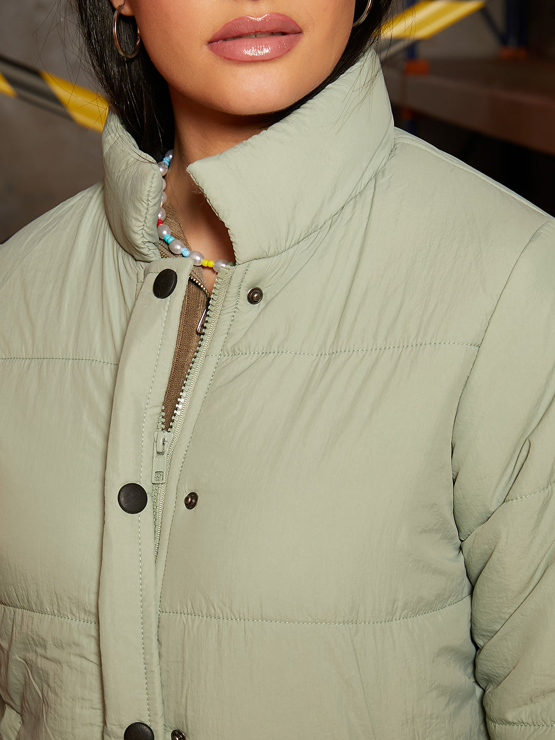 Puffer Jacket With Ribbed Hem