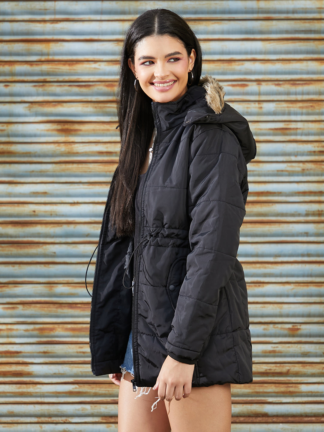 Puffer Jacket With Detachable Fur Hood