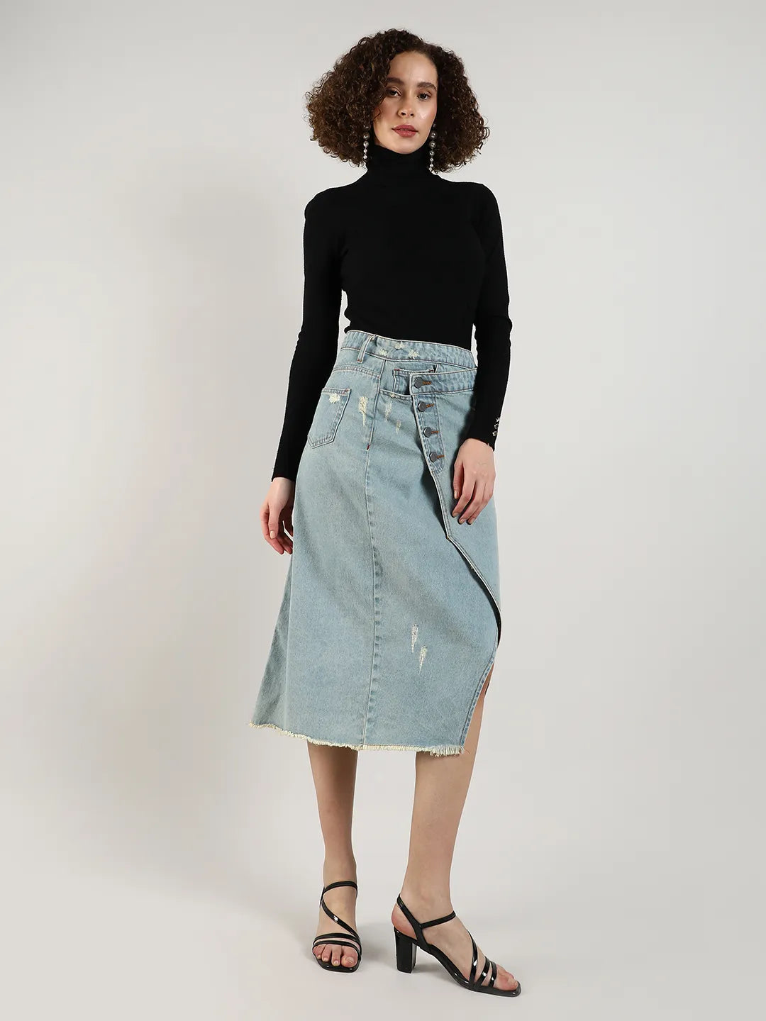 Asymmetrical Midi Denim Skirt