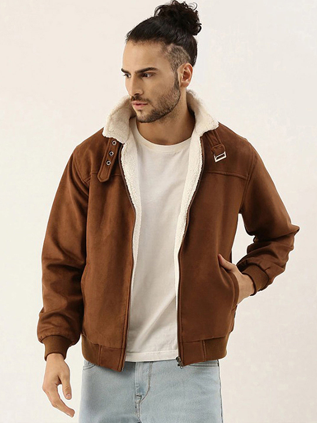 Fur-Lined Suede Bomber Jacket