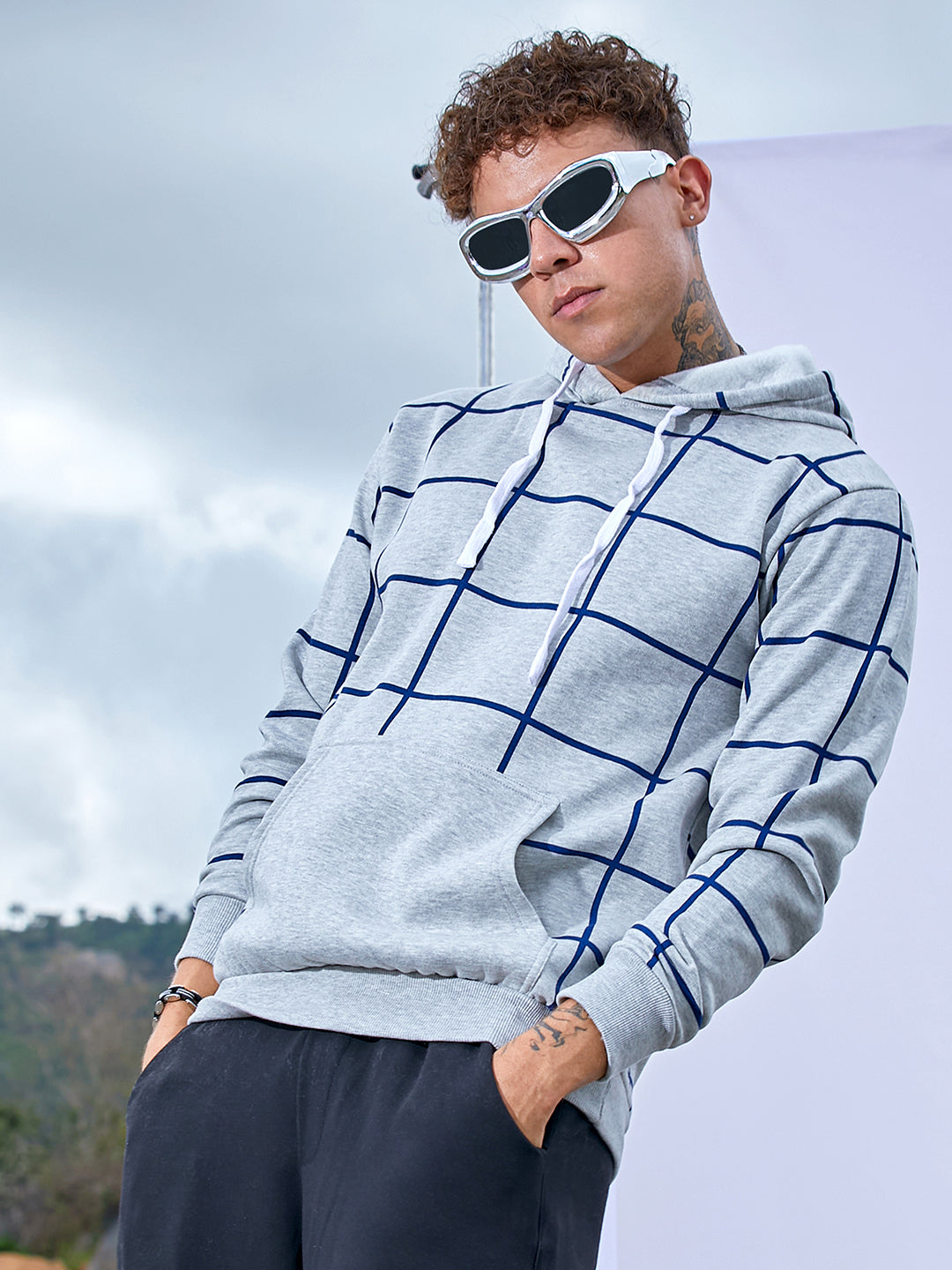 Contrast Graph Check Hoodie With Kangaroo Pocket