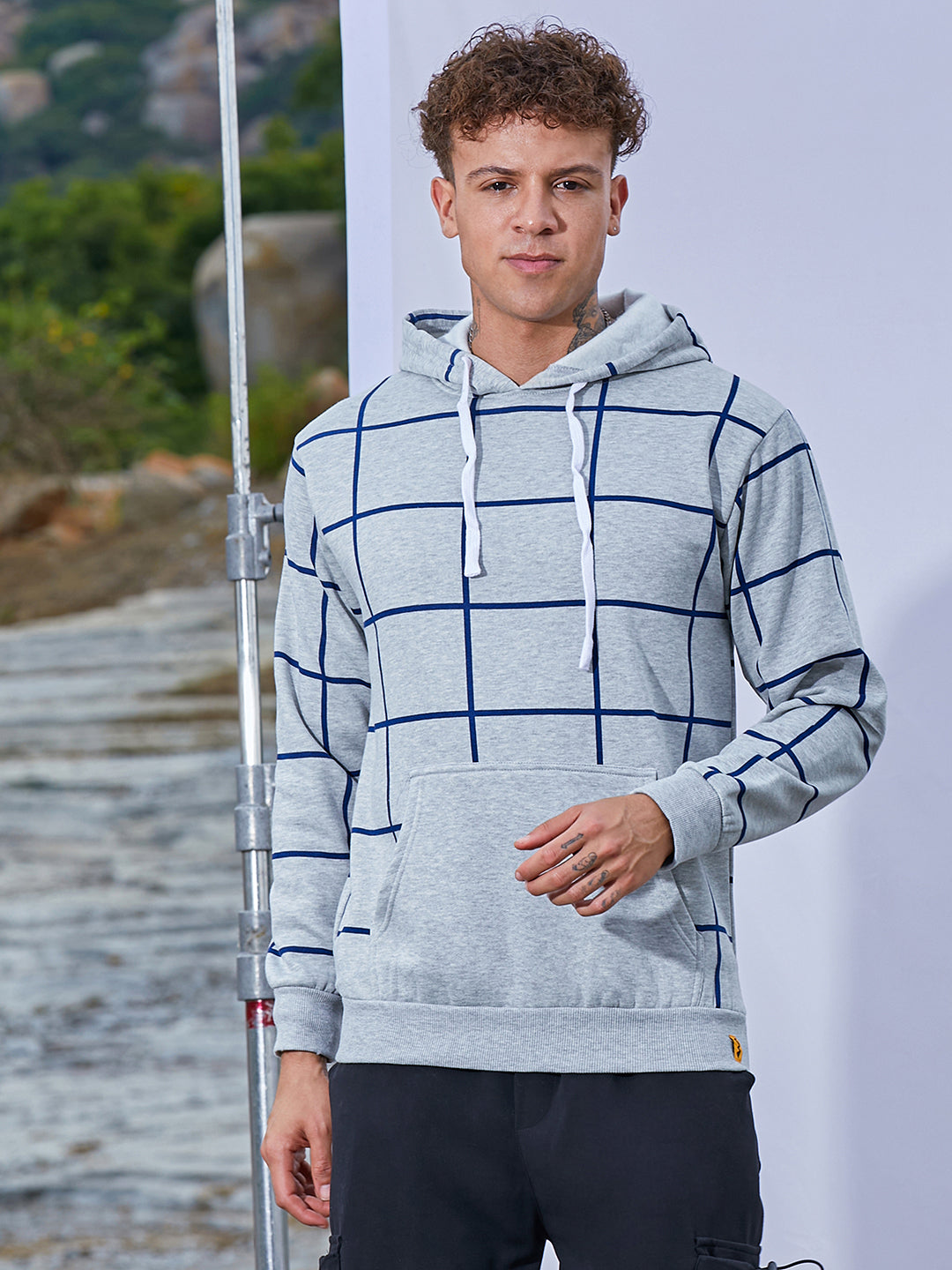 Contrast Graph Check Hoodie With Kangaroo Pocket