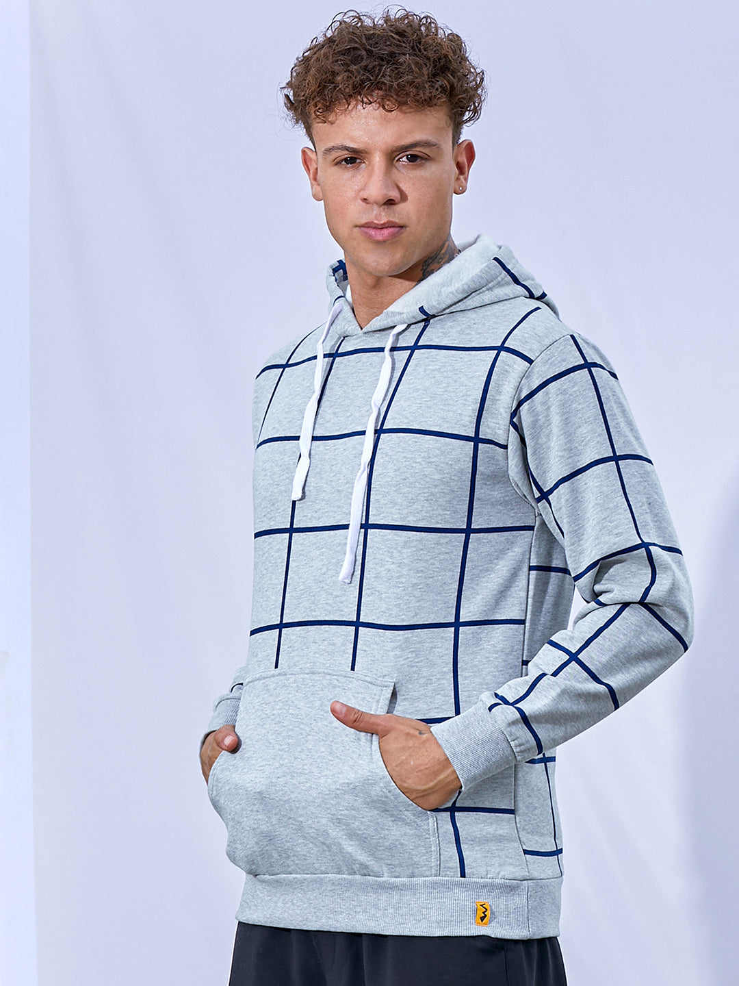 Contrast Graph Check Hoodie With Kangaroo Pocket