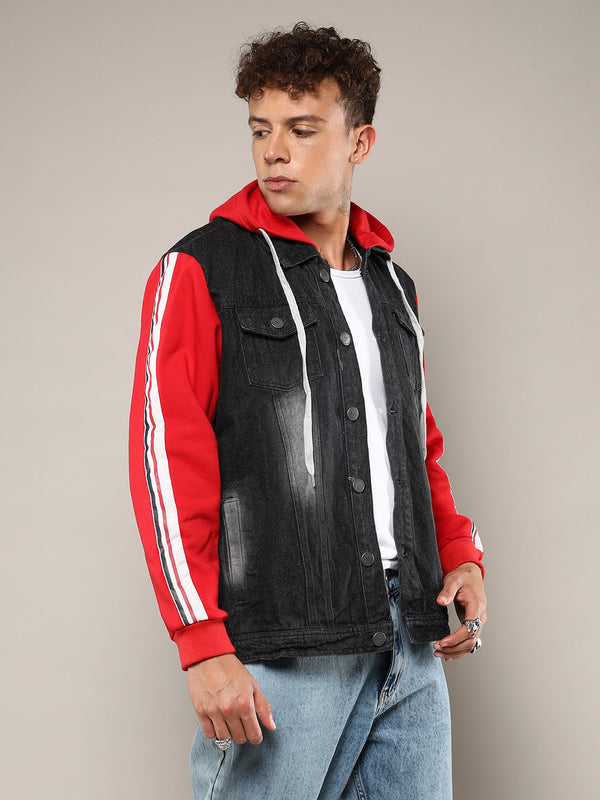 Dark-Wash Denim Jacket With Sweatshirt Sleeve