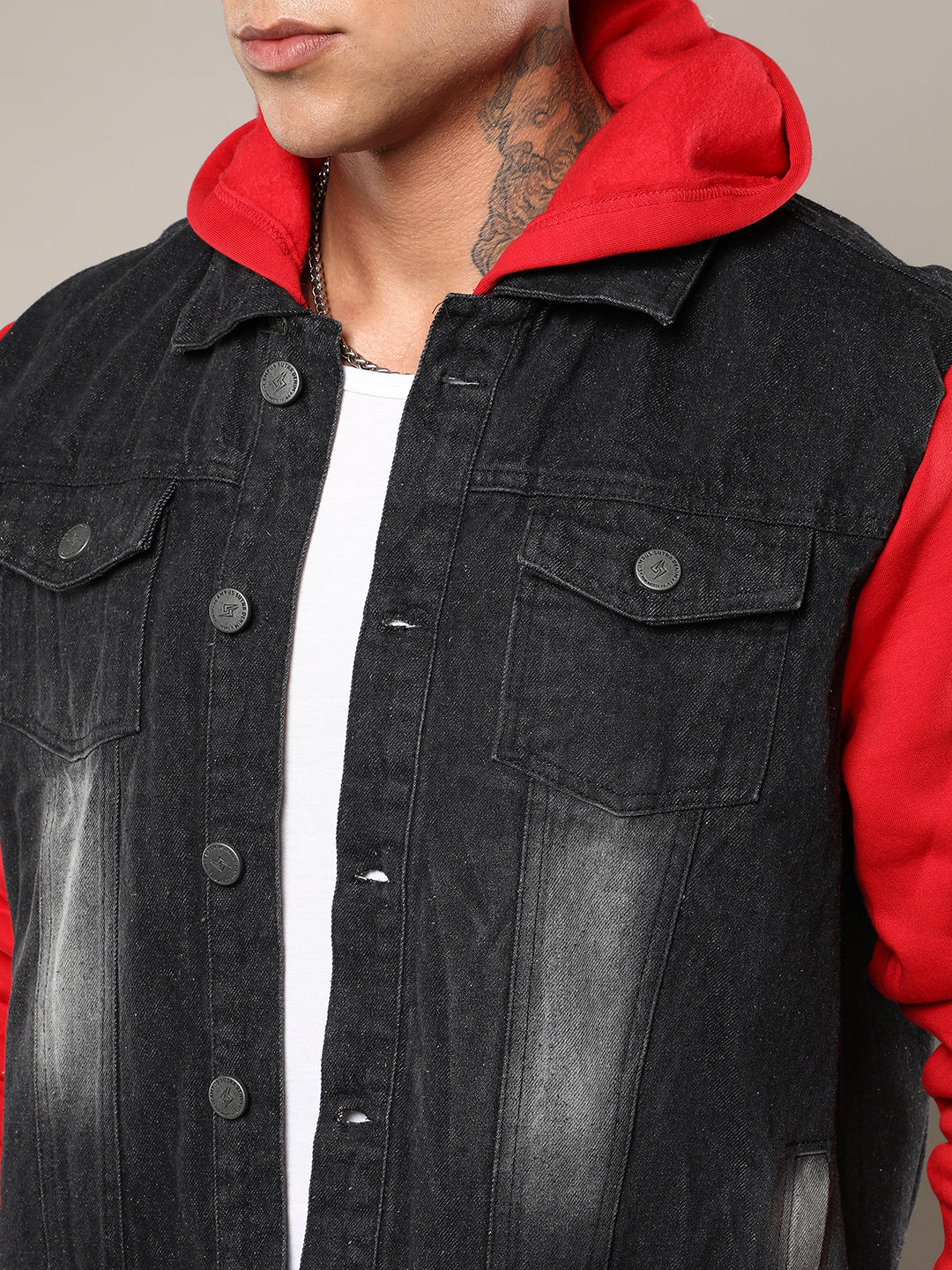 Dark-Wash Denim Jacket With Sweatshirt Sleeve