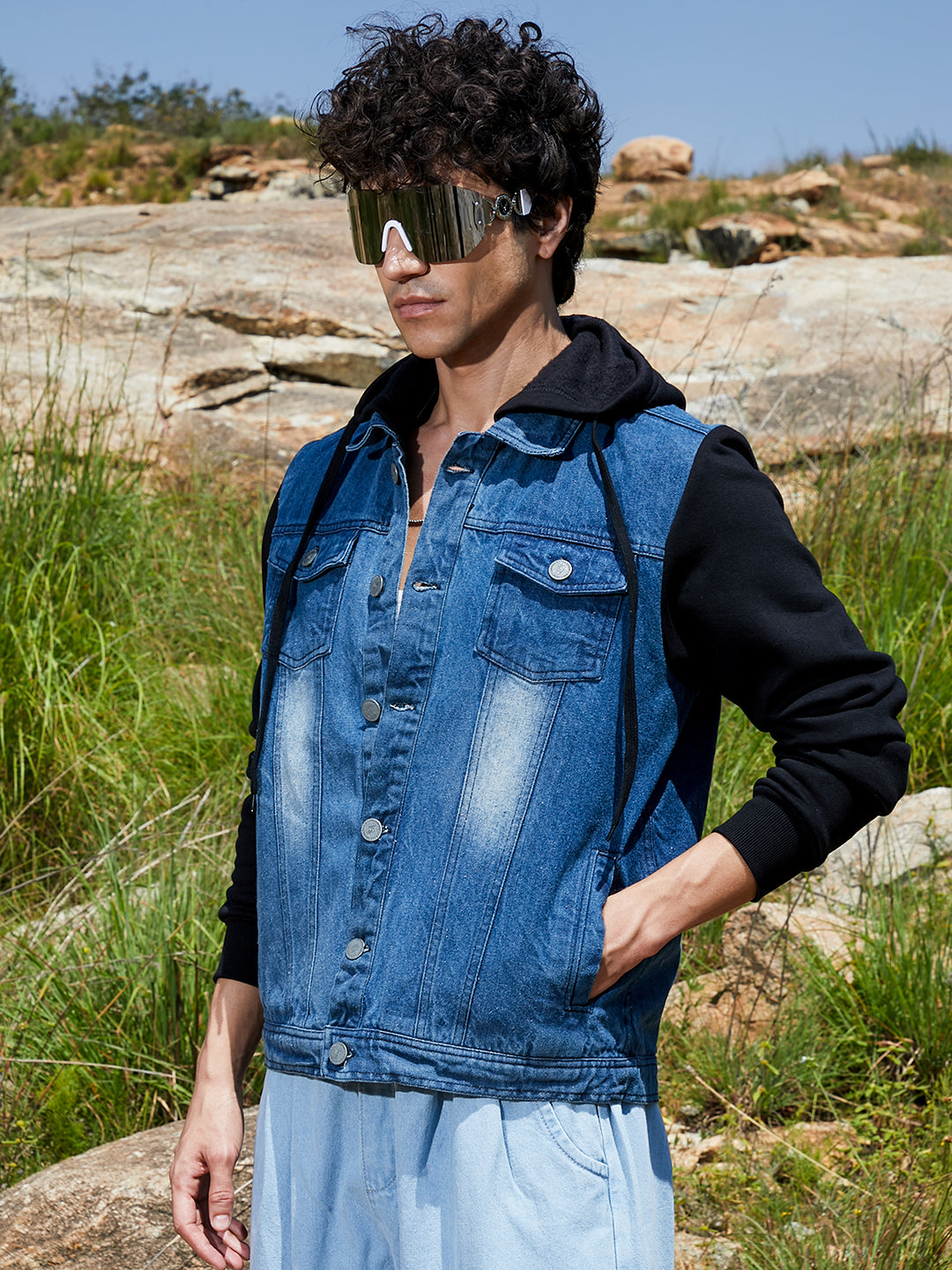 Medium-Wash Denim Jacket With Sweatshirt Sleeve