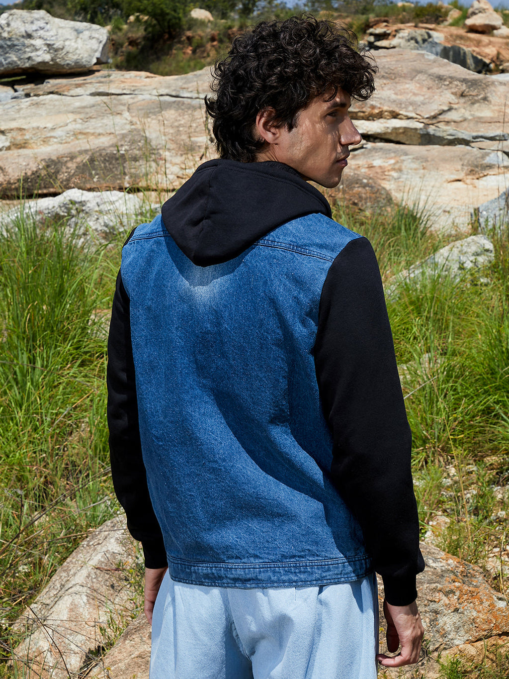 Medium-Wash Denim Jacket With Sweatshirt Sleeve