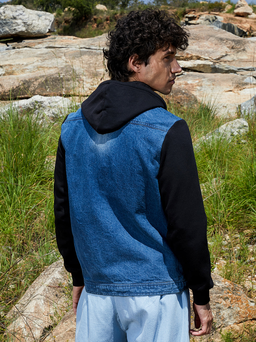 Medium-Wash Denim Jacket With Sweatshirt Sleeve