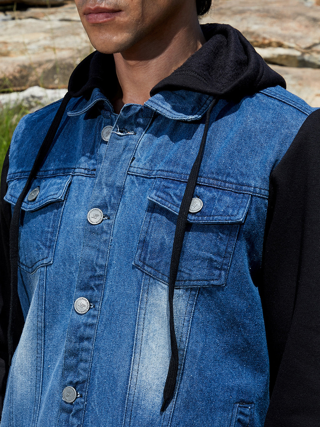 Medium-Wash Denim Jacket With Sweatshirt Sleeve