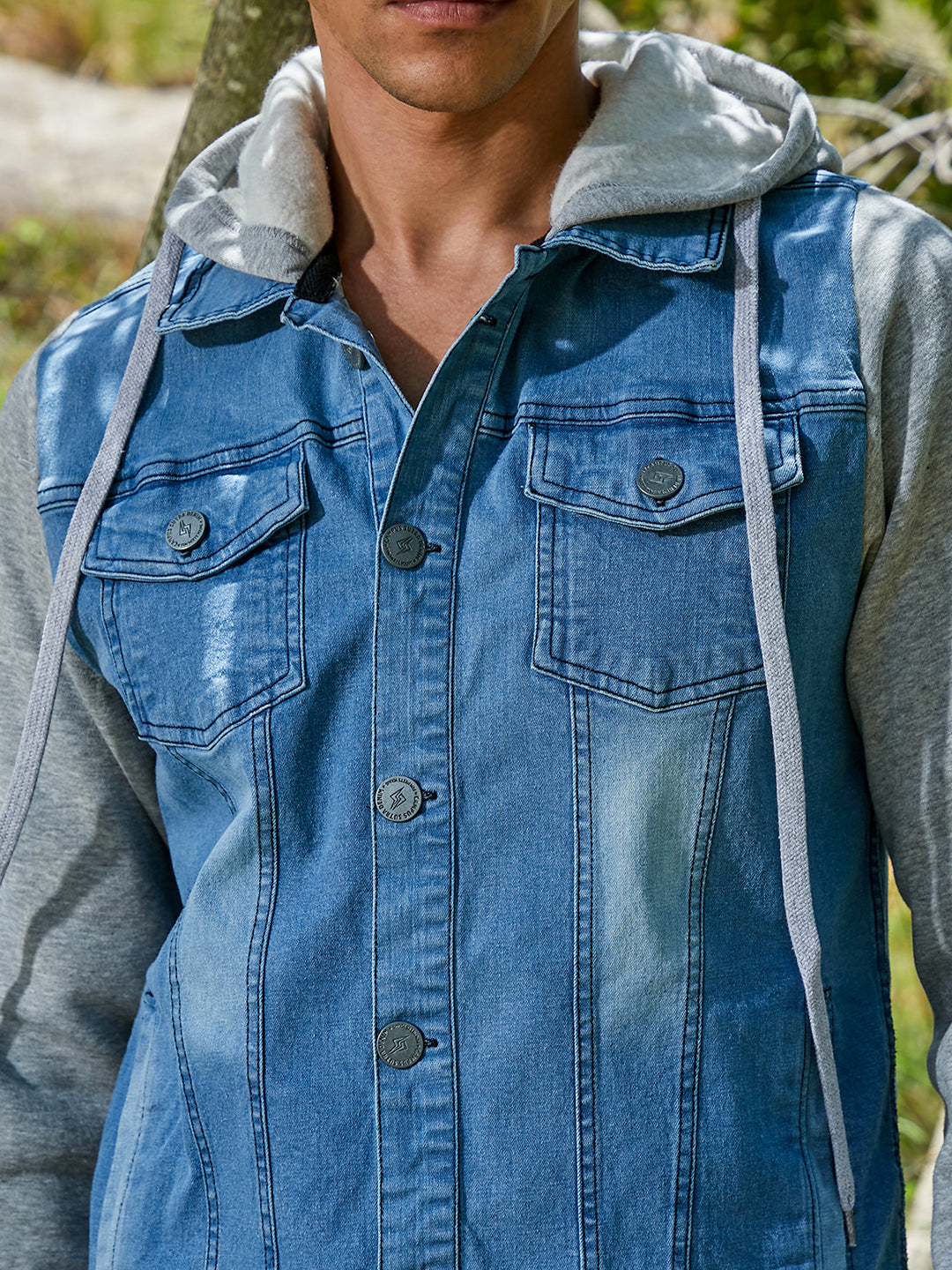 Light-Wash Denim Jacket With Sweatshirt Sleeve