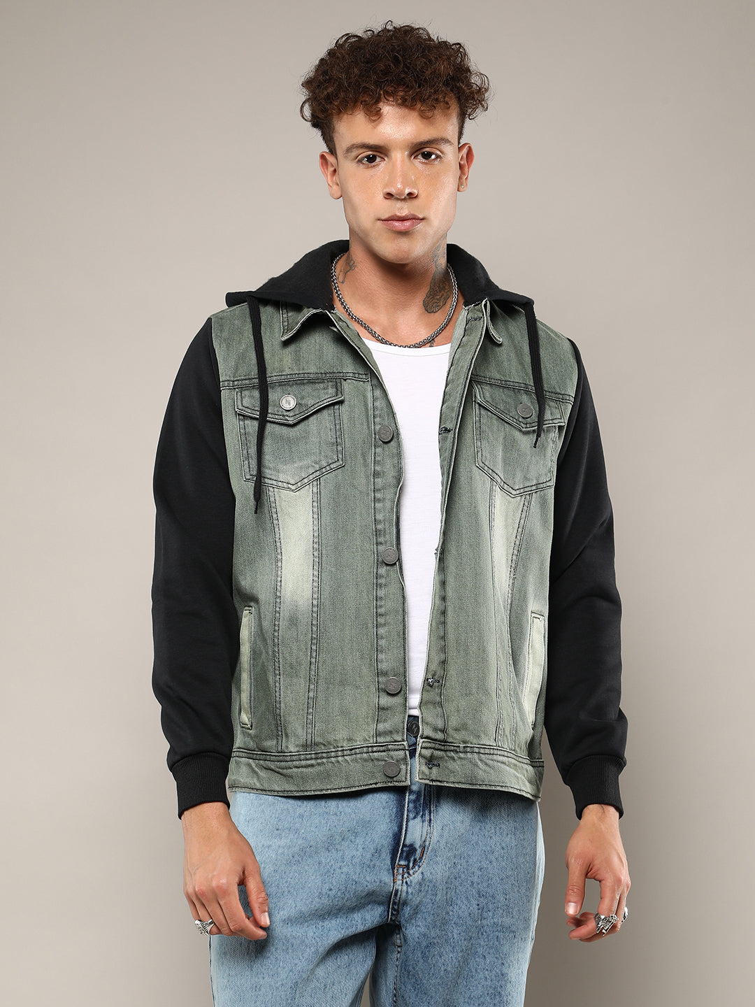 Light-Wash Denim Jacket With Sweatshirt Sleeve