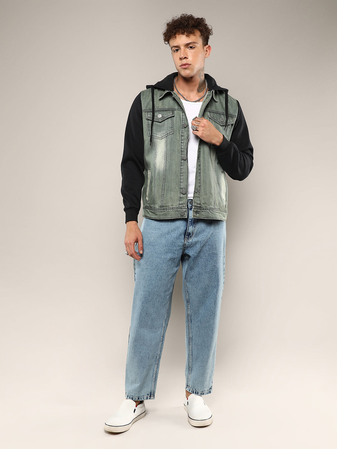 Light-Wash Denim Jacket With Sweatshirt Sleeve