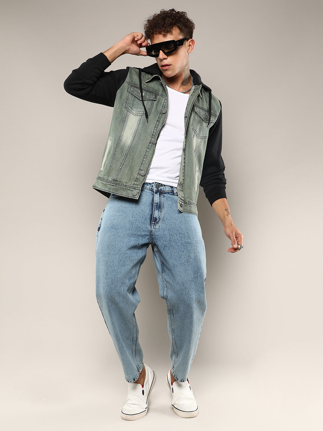 Light-Wash Denim Jacket With Sweatshirt Sleeve