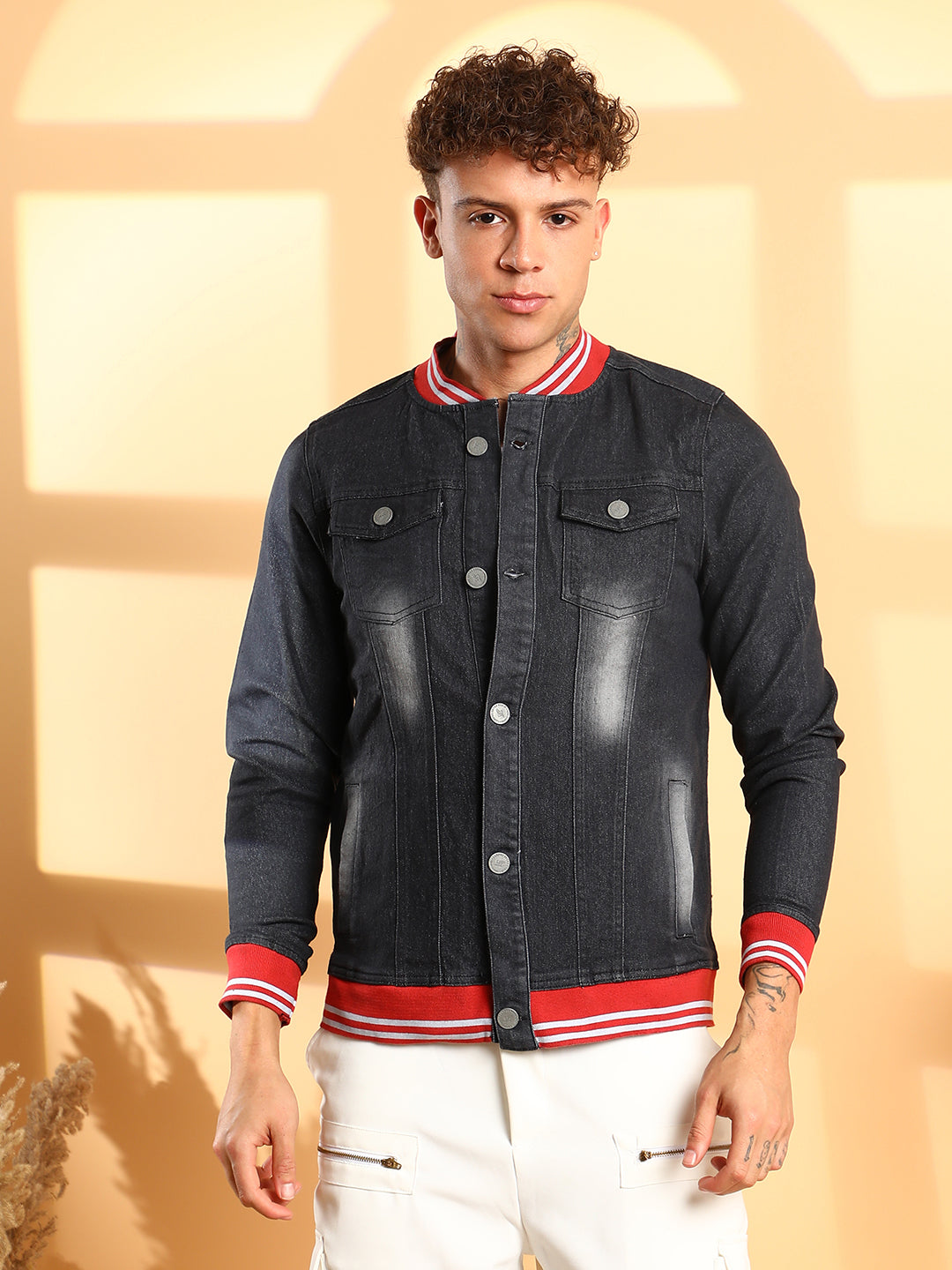 Dark-Wash Denim Jacket With Contrast Hem