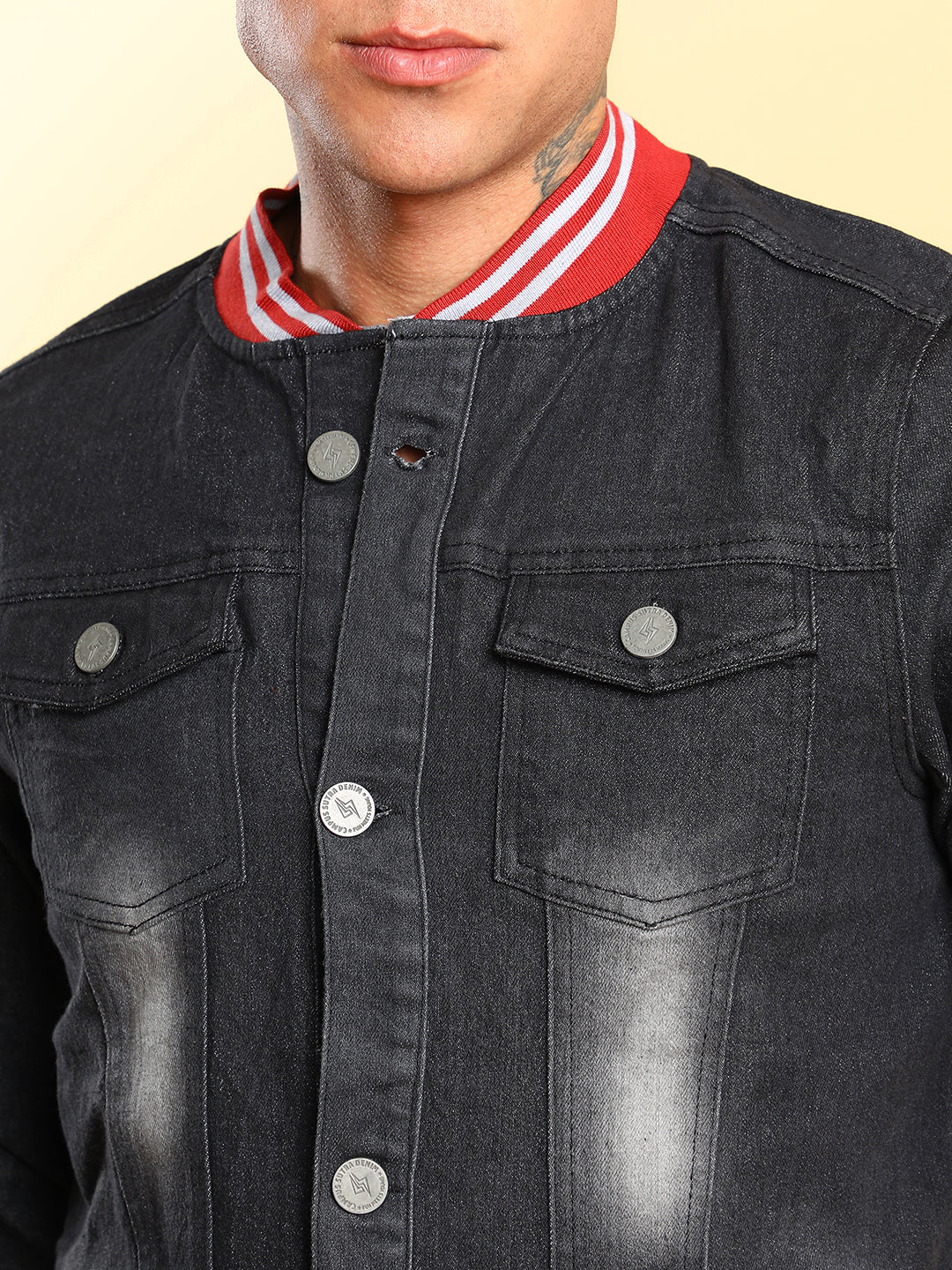 Dark-Wash Denim Jacket With Contrast Hem