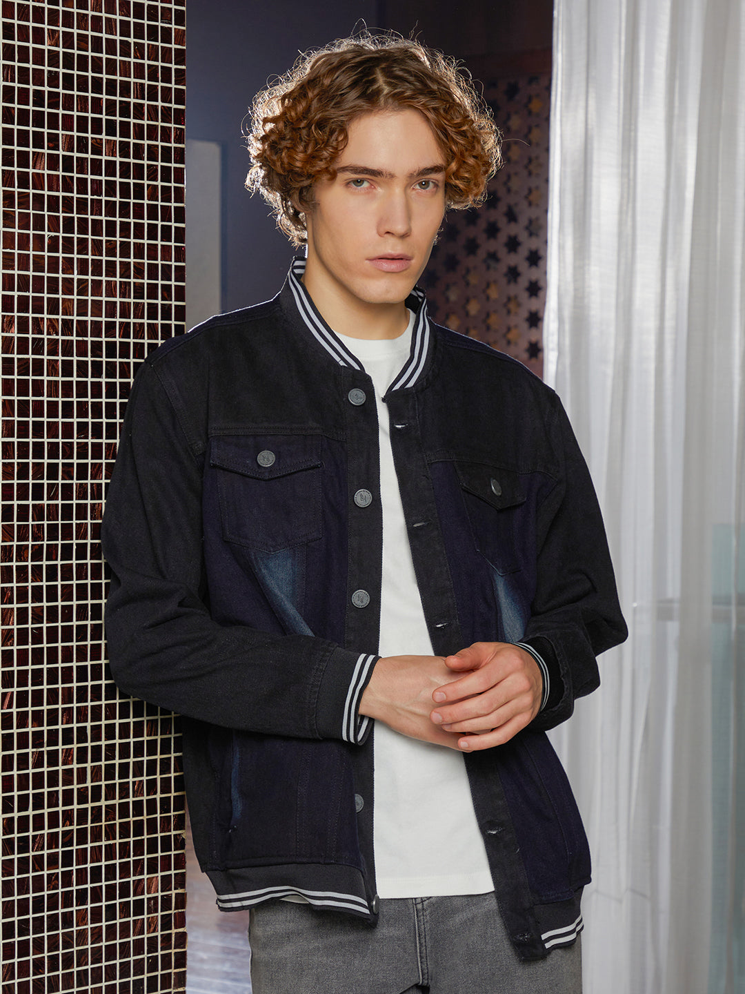 Dark-Wash Denim Bomber Jacket