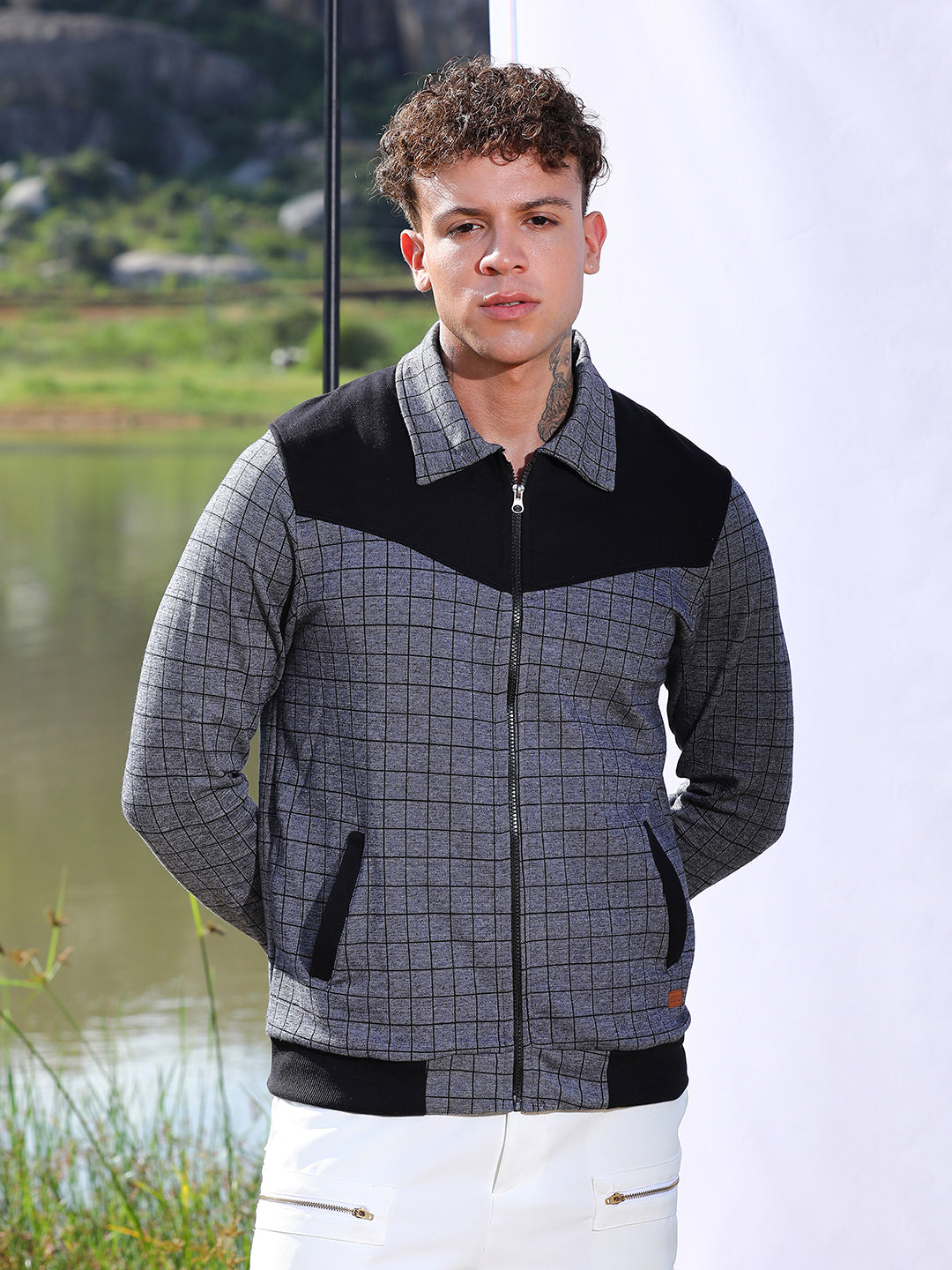 Zip-Front Graph Checkered Jacket