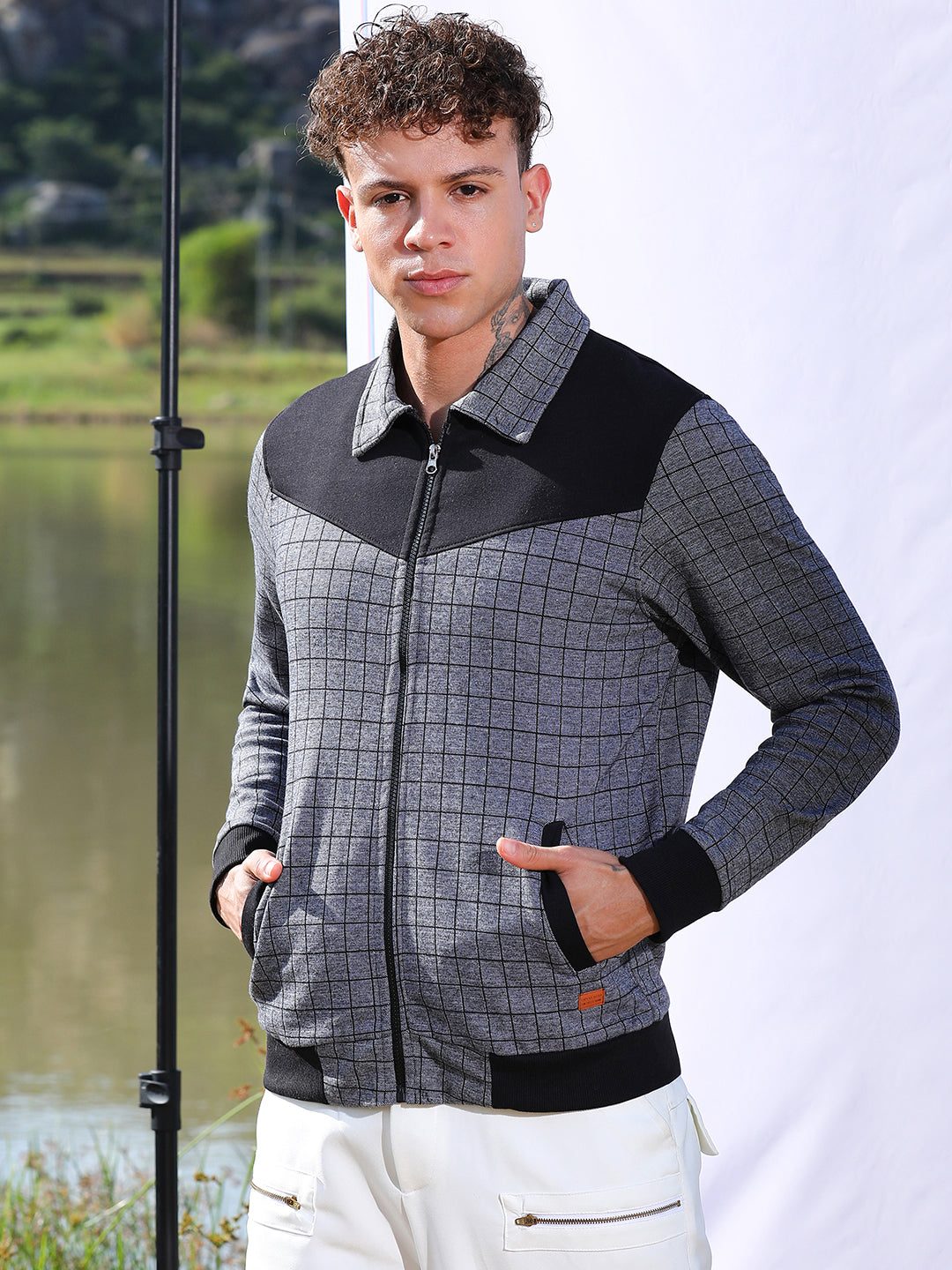 Zip-Front Graph Checkered Jacket